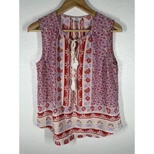 Q&A Blouse Womens Small Multicolor Floral Print Tassel Tie Sleeveless Boho Top